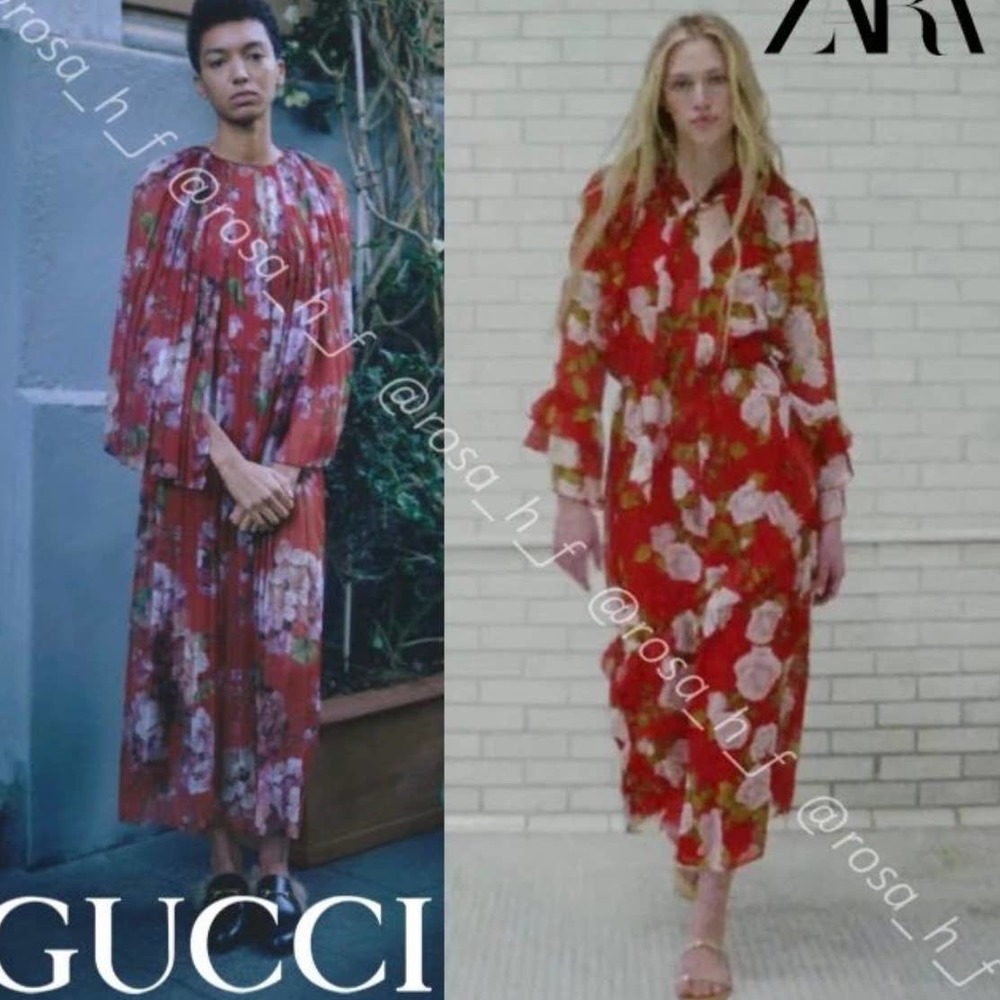 ZARA FLOWY RUFFLE TRIM LONG DRESS WITH TIE ROSE PRINT RED - Picture 4 of 16